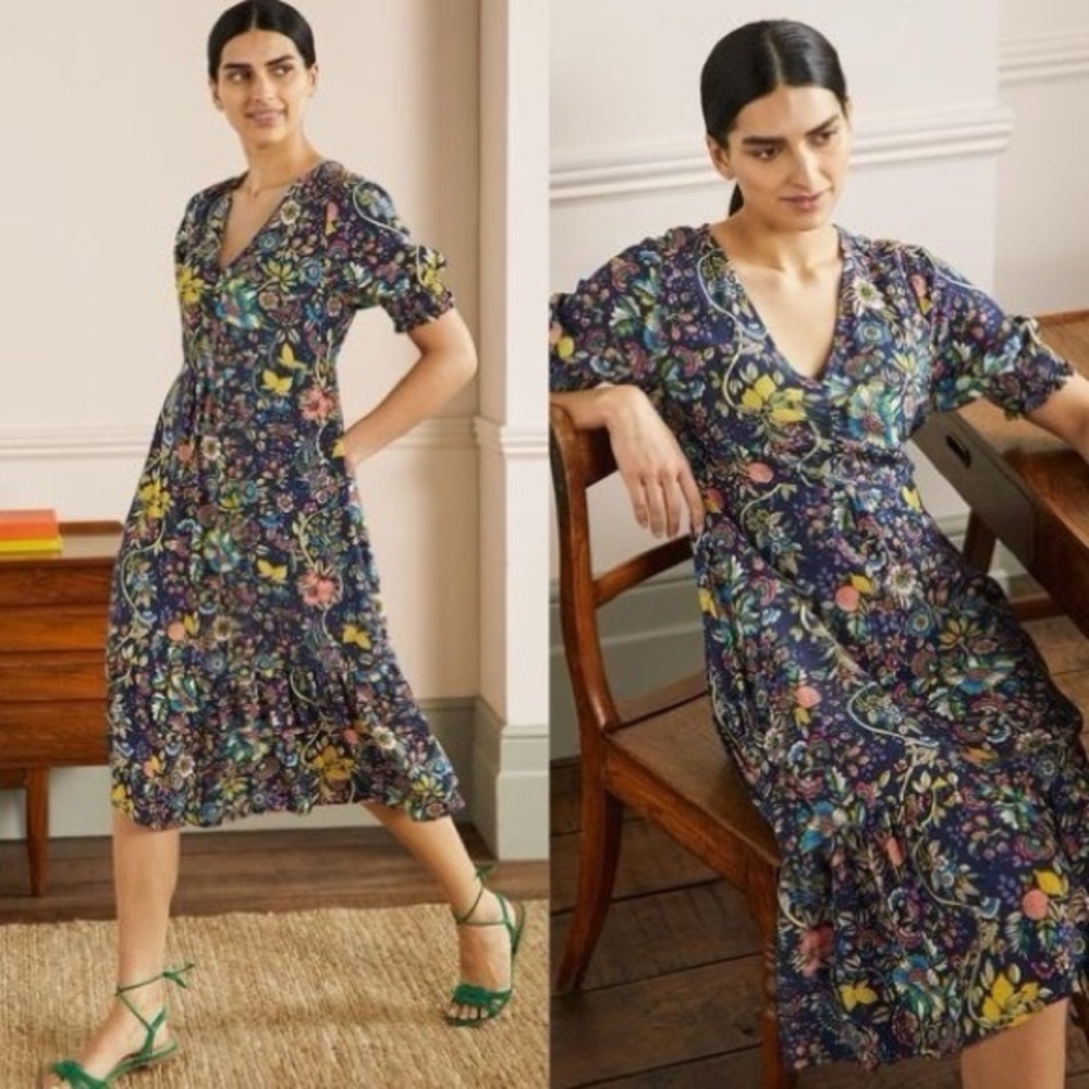BODEN NAVY V NECK MIDI TEA DRESS Tropic Meadow Floral Size US 4